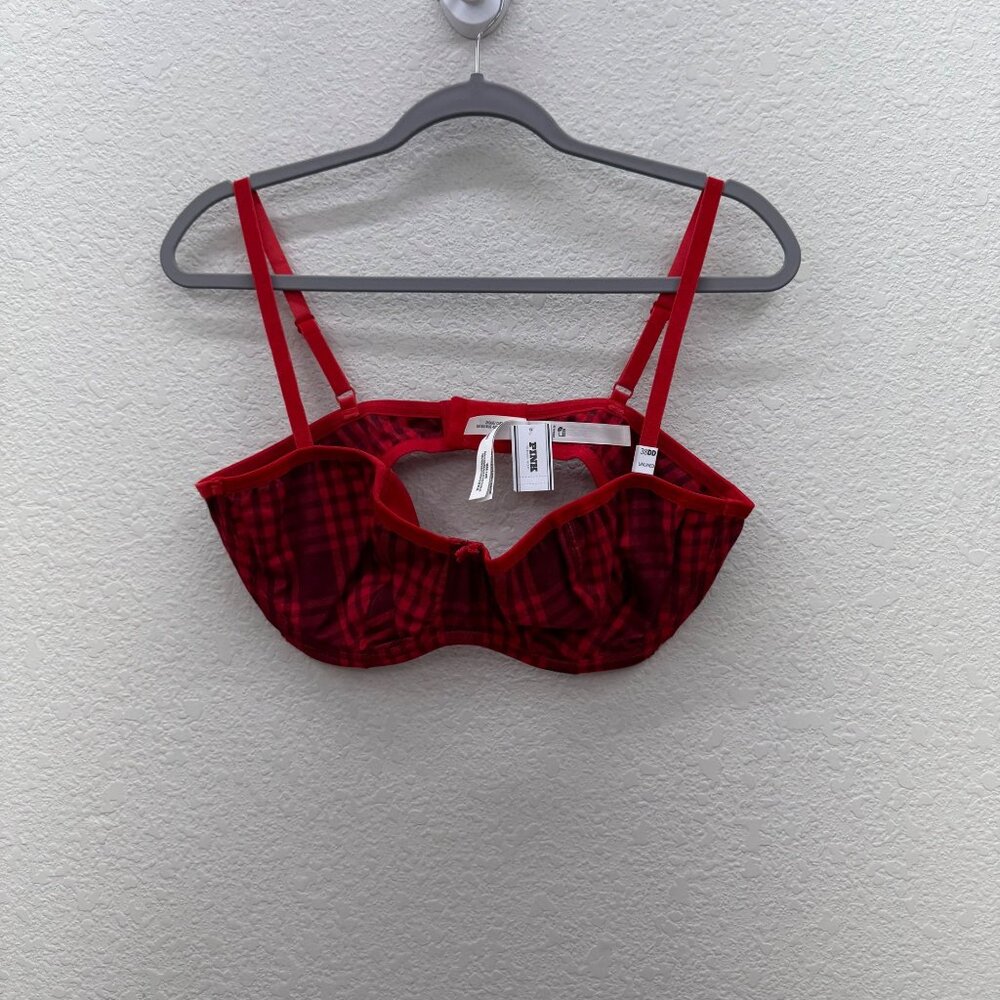 Pink Victorias Secret Red Plaid Balconette Adjustable Bra Womens size 38DD NEW